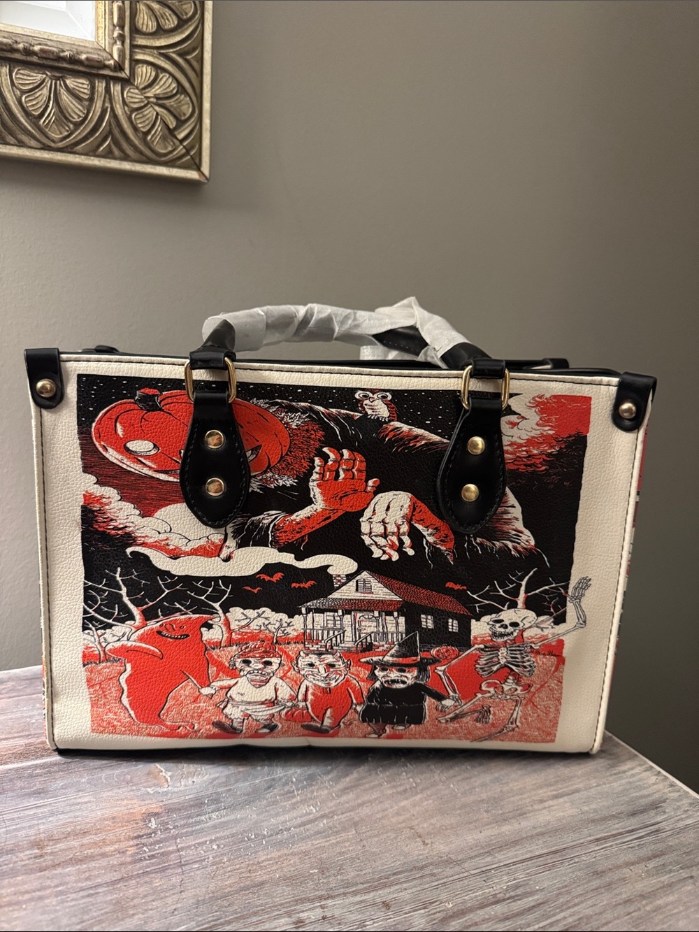 Halloween Retro Illustrated Vegan Leather Hand Bag in Black, White & Orange